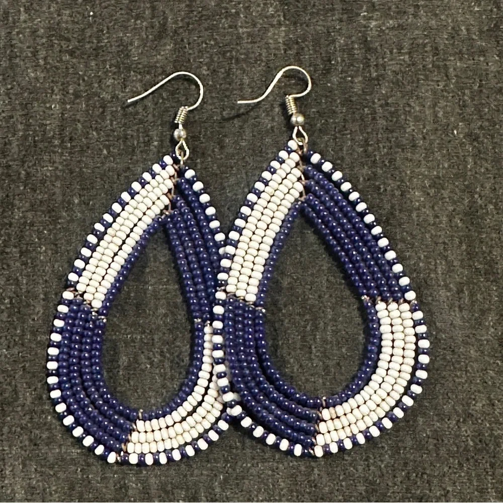 NEW African Handmade Beaded Earrings Blue and White